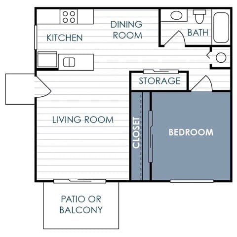 Floor plan for 1 bed, 1 bath, 660 sqft
